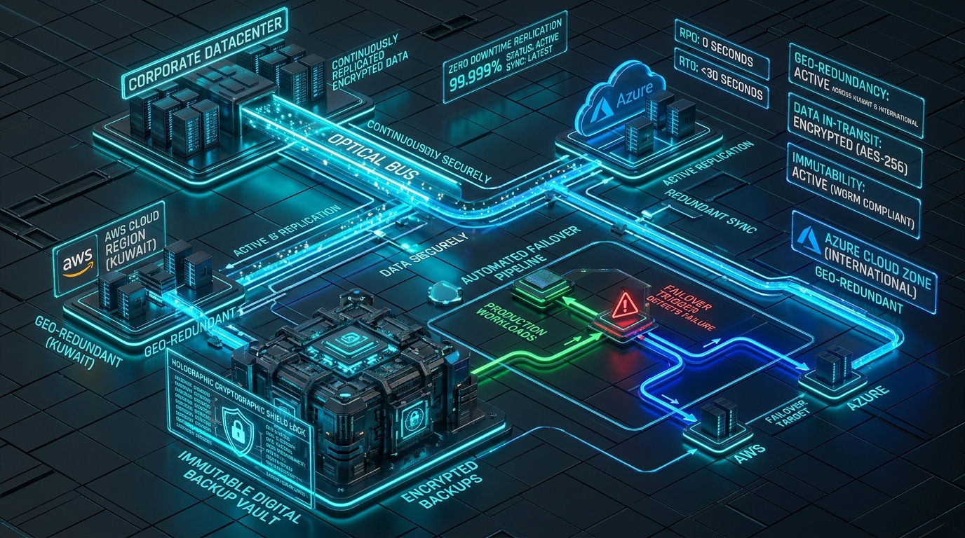 Multi-Region Hybrid Cloud Disaster Recovery Architecture (Kuwait, AWS, Azure)